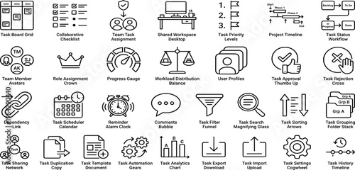 Set of project management icons with tasks, scheduling, and workflow elements for planning and organization