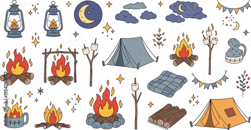 Camping night elements collection with campfire tent lantern marshmallow moon stars outdoor adventure cartoon vector illustration set isolated on white background