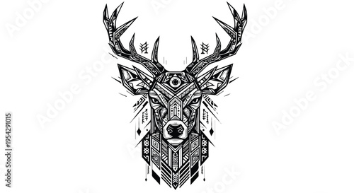 Tribal deer spirit vector, abstract fragmented style, broken geometric shapes forming animal face, mixed tribal elements, modern artistic composition, edgy vector style