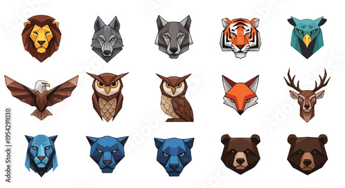 Geometric tribal animal spirits vector bundle, 9 animals (lion, wolf, tiger, eagle, owl, fox, deer, panther, bear), clean shapes, sharp angles, minimal color palette, strong negative space, modern log