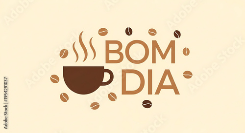 A vector graphic illustration of a steaming coffee cup with coffee beans and the phrase 'Bom Dia' in a modern flat design style