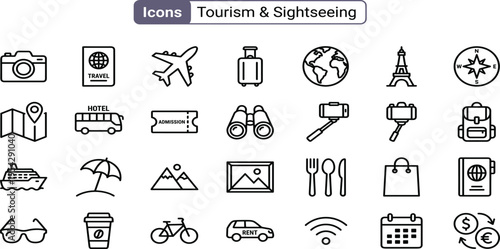 Diverse collection of outline vector icons representing essential elements for tourism, travel, vacation planning, and sightseeing adventures around the world, ideal for digital design