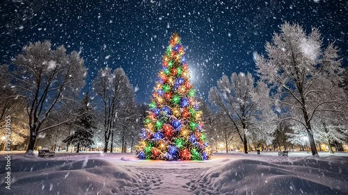 Colorful Christmas Tree in Snowy Park.