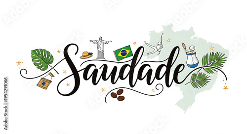 A vibrant vector graphic illustration of the word Saudade surrounded by Brazilian cultural icons and symbols.