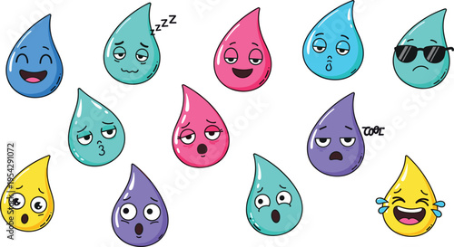 Cute colorful water drop emoji characters collection with different facial expressions funny cartoon vector illustration set isolated on white background