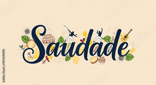 A vibrant vector graphic illustration of the Portuguese word Saudade surrounded by colorful flowers, leaves, and cultural icons.
