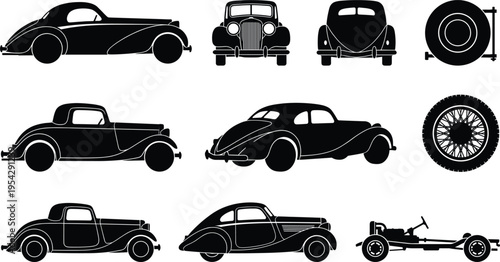 Classic Vintage Cars and Detailed Wheels in Black Silhouette Style