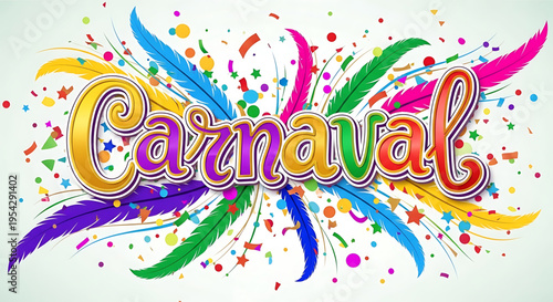 A vibrant and colorful illustration of the word 'Carnaval' surrounded by feathers, confetti, and stars.