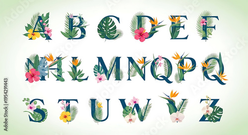 A colorful and vibrant floral alphabet illustration featuring letters of the alphabet adorned with tropical flowers and leaves.