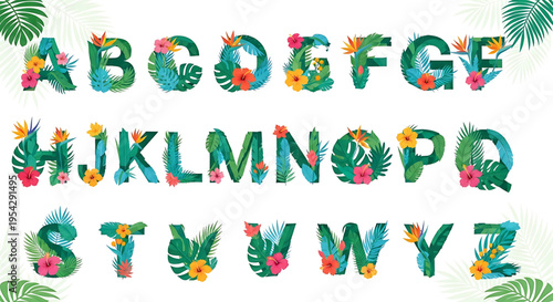 A colorful and vibrant floral alphabet illustration featuring tropical leaves and flowers on a white background