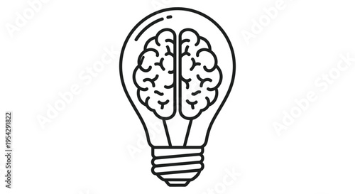 A line art illustration depicting a human brain inside a lightbulb
