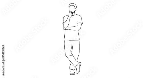 Line drawing of a man standing with his hand to his chin deep in thought