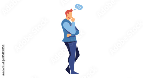 Man in thoughtful pose hand to chin with speech bubbles above his head