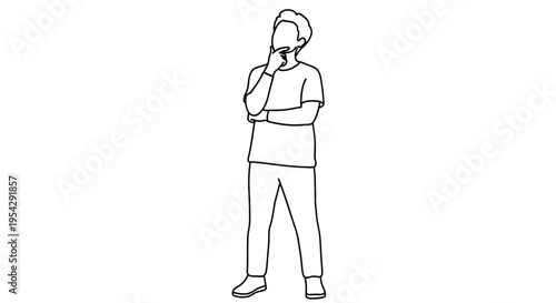 Line drawing of a man standing and thoughtfully posing with hand to chin