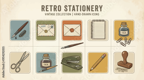 Retro Stationery Vintage Collection Hand Drawn Icons