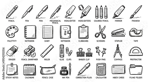 Hand-drawn collection of office and school supplies icons, illustrating the concept of essential daily tools for learning, productivity, and creative endeavors