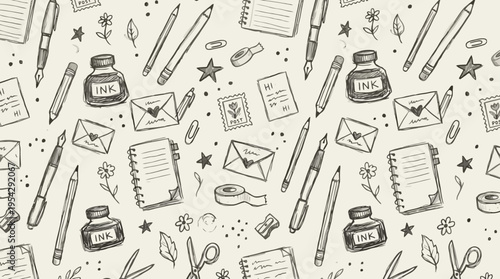 Hand-drawn stationery and office supplies pattern with pens, envelopes, ink bottles, notebooks, and stars