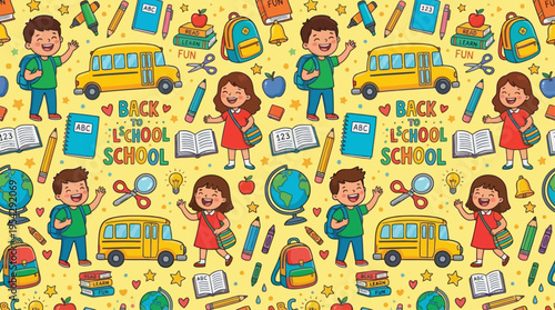 Back to School Pattern with Happy Students, School Buses, and Educational Supplies on a Yellow Background