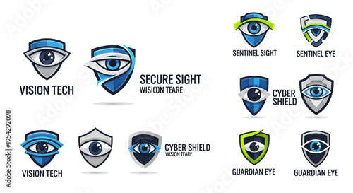 Collection of eye and shield security logos.
