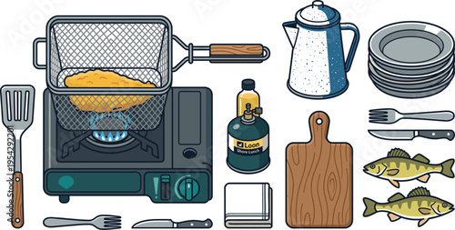 Frying Fish Cooking Setup with Frying Pan, Fish, and Cooking Tools in Vector Style