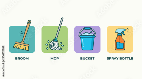 Vibrant set of household cleaning tools icons, featuring a broom, mop, bucket, and spray bottle, essential for daily tidiness and maintaining a hygienic home environment