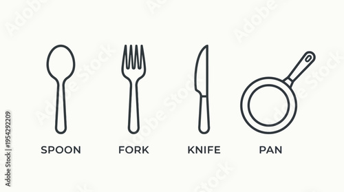 Modern minimalist vector line icons illustrating essential kitchen cutlery and cooking tools like a spoon, fork, knife, and frying pan, perfect for culinary and dining concepts