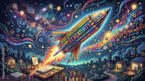 Creative pencil rocket launches from artist's desk into cosmic night sky, inspiring imagination, learning, and discovery in a city of dreamers