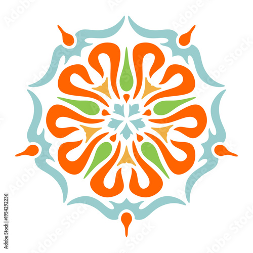 Symmetrical Mandala with Orange and Light Blue Patterns