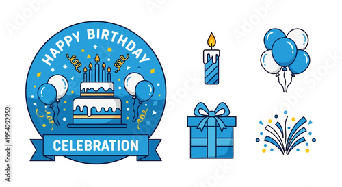 Birthday celebration icons and symbols.