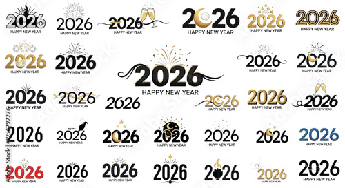 Collection of Happy New Year 2026 logos.