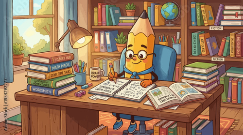 Cheerful pencil character studying at a desk with books, lamp, globe in a cozy room. Illustration of dedication to learning and knowledge pursuit