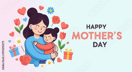 Affectionate Embrace: Celebrating Mother's Day: A tender illustration depicts a mother's loving embrace, with a daughter nestled in her arms, set against a backdrop of festive elements.