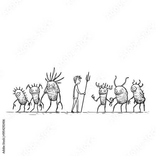 Man Surrounded by Monsters in Cartoonish Illustration