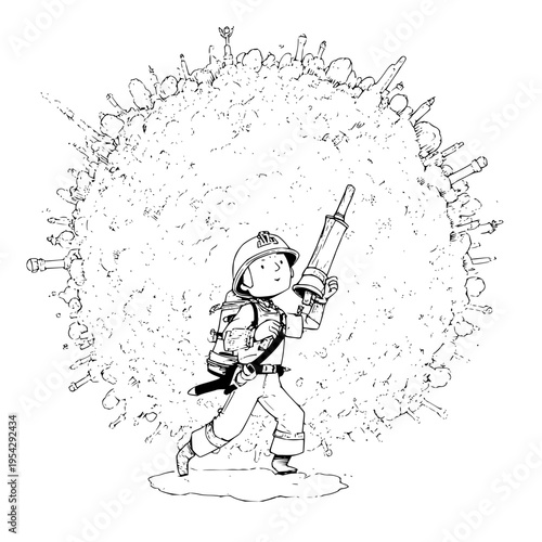 Girl Fighter Destroying City with Giant Hammer Cartoon