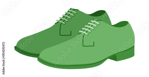 Blucher mens green flat lace pair. Open lacing leather footwear versatile smart casual office style. Technical illustration CAD mockup sketch vector women unisex outline isolated.