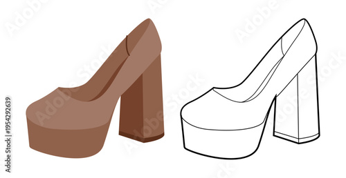 Platform block heel pump women brown flat plus line set shoe. Chunky sole dress footwear for party, office, weekend brunch. Technical illustration, CAD mockup, rich vector men unisex isolated stylish