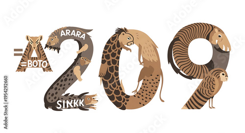A creative vector graphic illustration of the year 2019 featuring various animal silhouettes in a modern flat design style