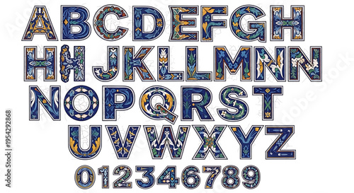 A colorful, floral patterned alphabet and number set in blue and gold, designed as a vector graphic for decorative use.