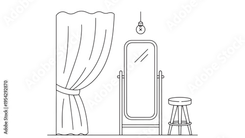 Elegant Dressing Room Mirror With Curtains And Stool Illustration Representing Personal Branding Lifestyle Aesthetics And Fashion Industry Workspace Concept