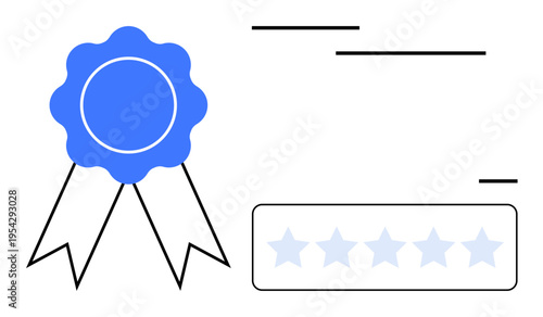 Quality assurance, customer satisfaction, achievement, product rating, recognition, business success. Blue ribbon and five-star rating. Quality assurance and customer satisfaction concept