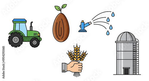 A colorful vector graphic illustration of farming and agriculture icons, including a tractor, seedling, irrigation system, grain silo, and wheat bundle.