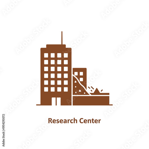 Sleek architectural icon of a modern research center building, symbolizing scientific innovation, technological advancement, and academic development facilities