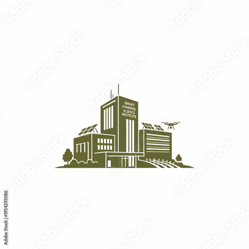 Modern minimalist architectural icon representing a smart science institute, integrating sustainable solar energy and advanced drone technology for a futuristic, eco-friendly campus development