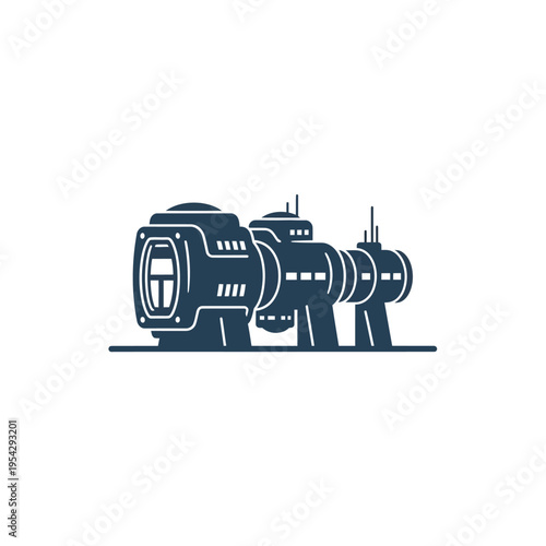 Minimalist vector illustration of a futuristic modular habitat or advanced scientific research station design concept, depicting an isolated technological structure