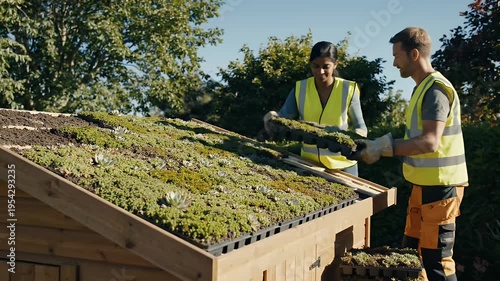 Construction Workers Installing Green Roof On Shed With Plants In Sunlight