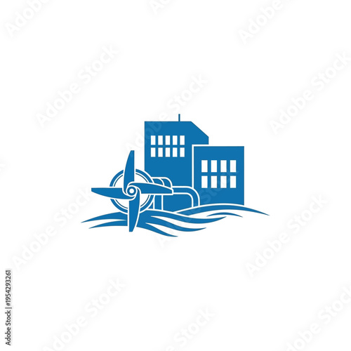 Abstract graphic of a hydroelectric power plant, featuring a turbine and buildings, symbolizing clean, renewable energy generation and sustainable water power technology