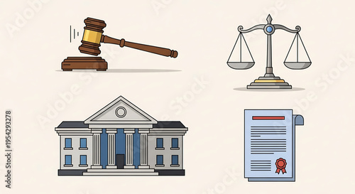 A vector graphic illustration of law and justice symbols including a gavel, scales, courthouse, and legal document.