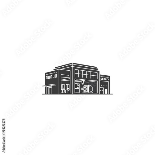 Monochrome vector illustration of a modern industrial building, showcasing internal machinery and infrastructure for manufacturing or power generation