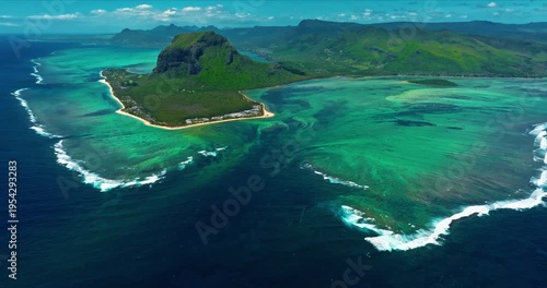 Aerial view of Underwater waterfall in a coral reef with turquoise water. Island Mauritius in the Indian Ocean