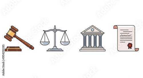 A vector graphic illustration of law and justice symbols including a gavel, scales, courthouse, and legal document.